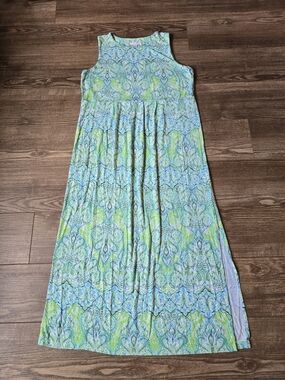 J.Jill Dress Womens M Paisley Green Blue Maxi Jersey Knit Boho Summer Coastal